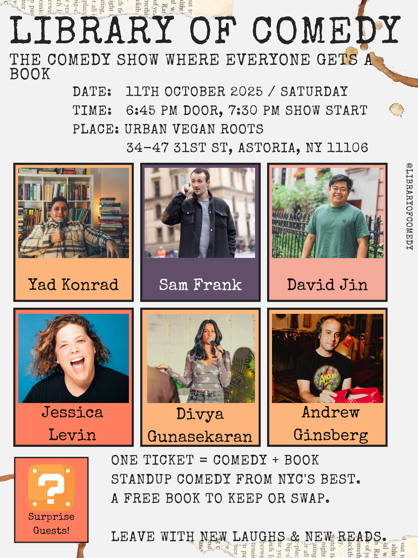 The original Library of Comedy first-show handbill, October 11, 2025